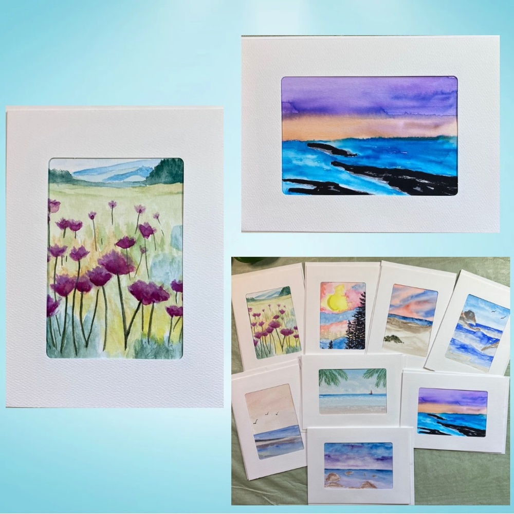 Hand Painted Frameable Watercolor Landscape Blank Greeting Cards, Set of 8
